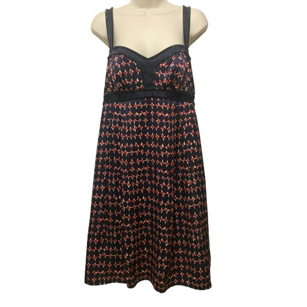 Laundry by Design Silk Dress Empire Waist Size 10 Navy Red Satin Beaded Trim